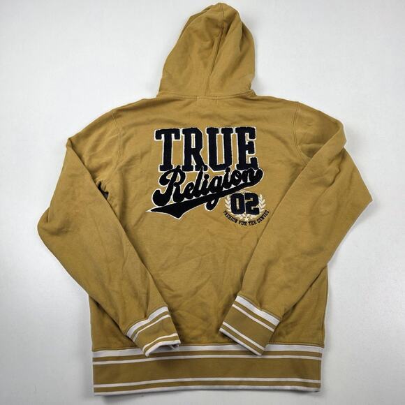 True Religion Hoodie Mens Small Tan Pullover Embroidered Logo Retro Streetwear - Picture 9 of 11